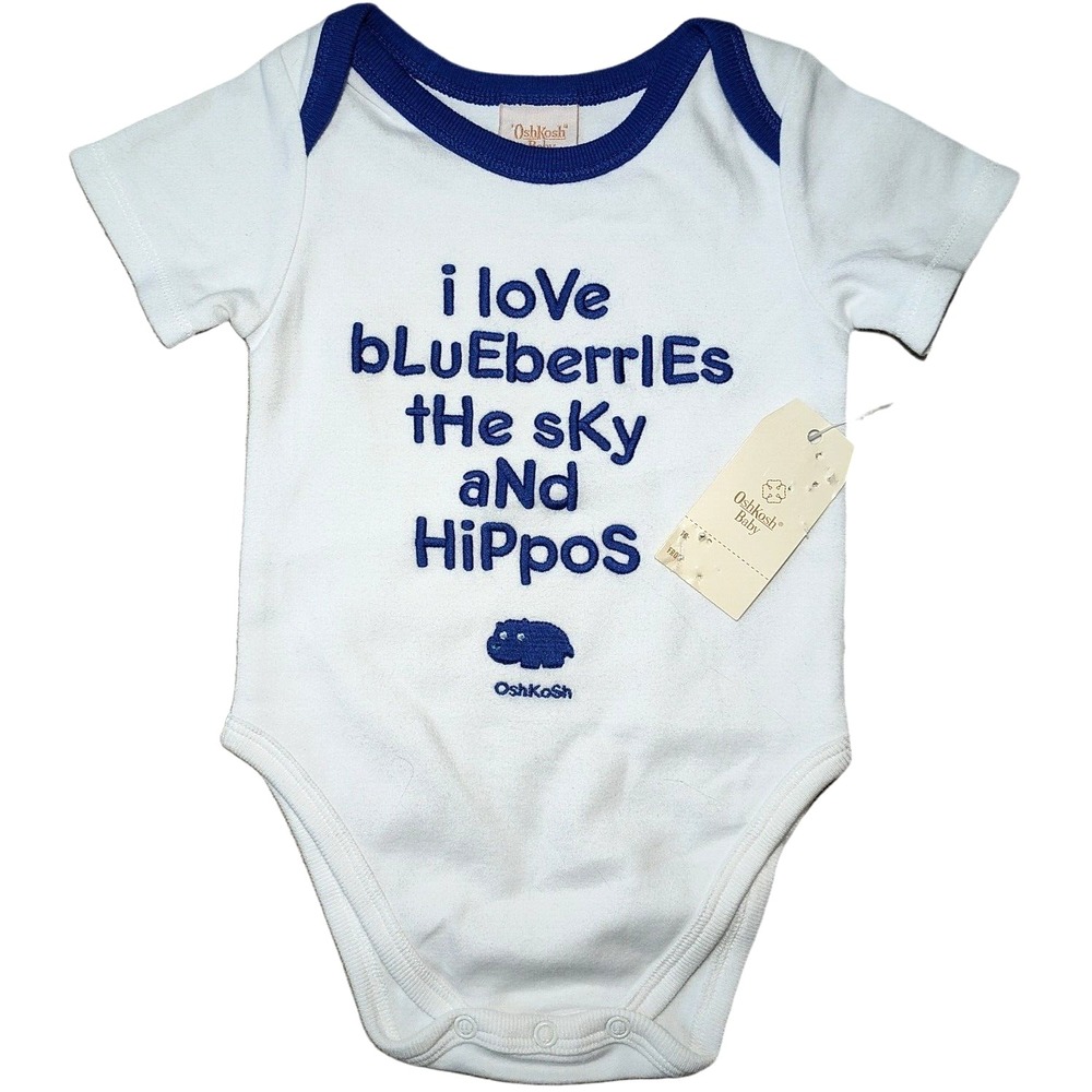 Vtg Oshkosh Baby 0 3 Mos Bodysuit I Love Blueberries The Sky And Hippos Blue 1pc